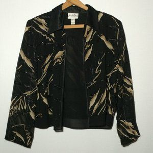 Joseph Ribkoff Womens Open Front Jacket Sz 8 Black Gold Glitter Sheer Sleeve